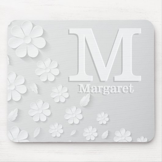 白色フローラエンボス名イニシャル パーソナライズされた マウスパッド (正面)