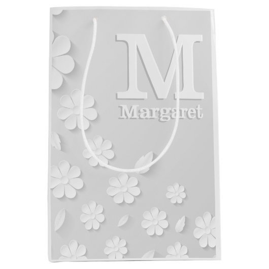 白色フローラエンボス名イニシャル パーソナライズされた ミディアムペーパーバッグ (正面)