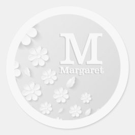 白色フローラエンボス名イニシャル パーソナライズされた ラウンドシール