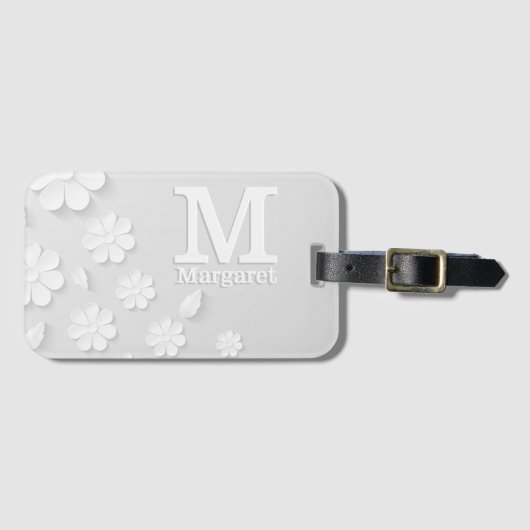 白色フローラエンボス名イニシャル パーソナライズされた ラゲッジタグ (正面横)