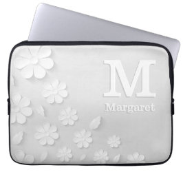 白色フローラエンボス名イニシャル パーソナライズされた ラップトップスリーブ