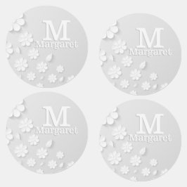 白色フローラエンボス名イニシャル パーソナライズされた ラベル