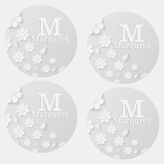 白色フローラエンボス名イニシャル パーソナライズされた ラベル (グループ)