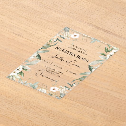 白色フローラスペインの結婚式招待状 アクリル招待状 (レイダウン)