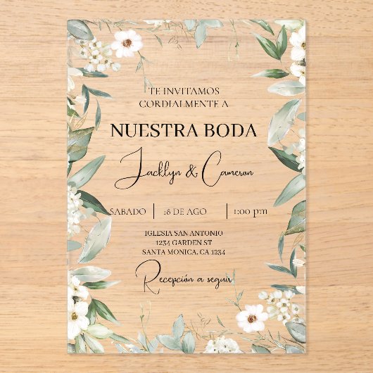 白色フローラスペインの結婚式招待状 アクリル招待状 (正面)