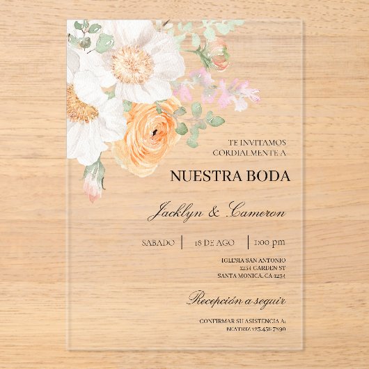 白色フローラスペインの結婚式招待状 アクリル招待状 (正面)