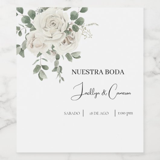 白色フローラスペインの結婚式招待状 ワインラベル (シングルラベル)