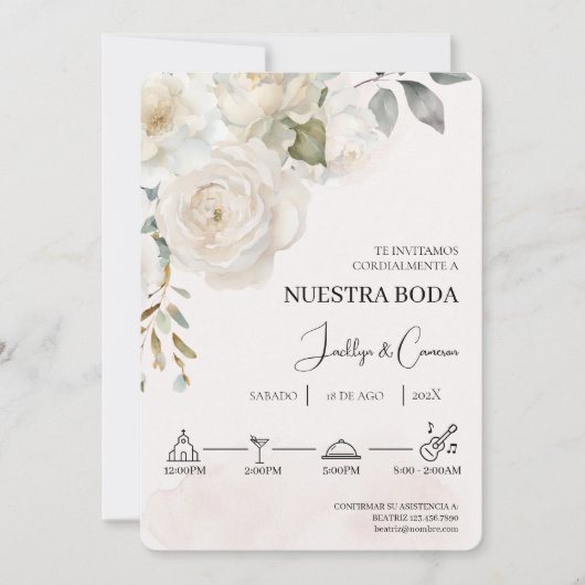 白色フローラスペインの結婚式招待状 招待状 (正面)