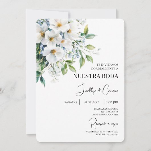 白色フローラスペインの結婚式招待状 招待状 (正面)