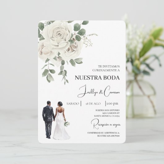 白色フローラスペインの結婚式招待状 招待状 (スタンド正面)