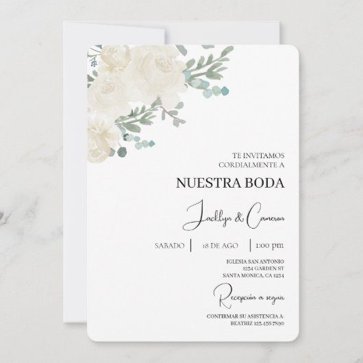 白色フローラスペインの結婚式招待状 招待状 (正面)