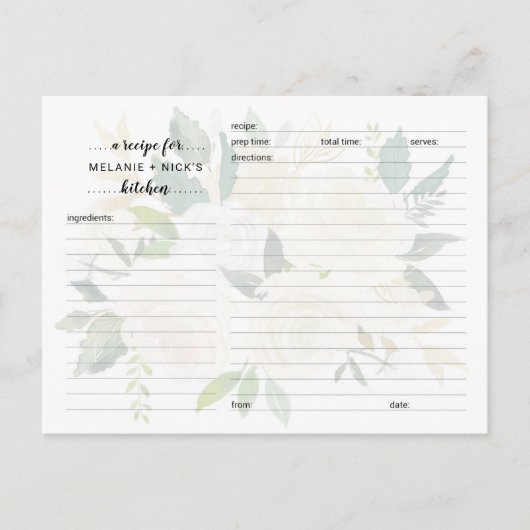 白色フローラブライダルシャワーレシピカード ポストカード (正面)