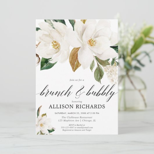 白色フローラブルンチ泡状マグノリアブライダルシャワー 招待状 (スタンド正面)