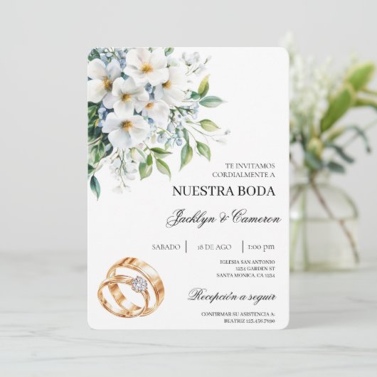 白色フローラリングスペインの結婚式招待状 招待状 (スタンド正面)