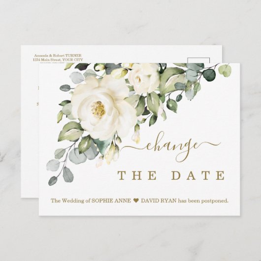 白色フローラ日付の結婚延期を変更 ポストカード (正面/裏面)