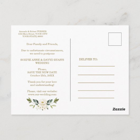 白色フローラ日付の結婚延期を変更 ポストカード (裏面)