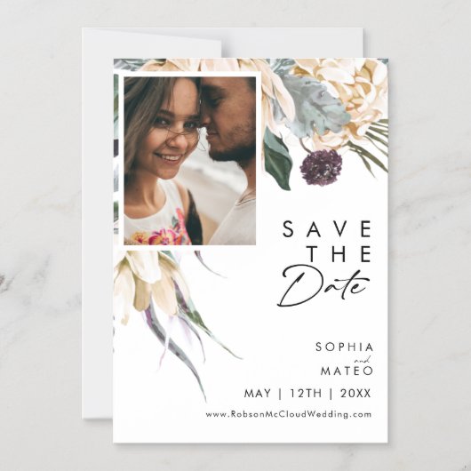 白色フローラ日付磁石の保存 マグネット招待状 (正面)