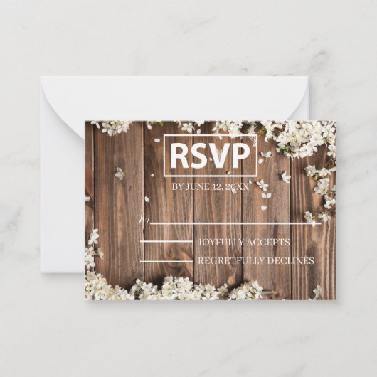 白色フローラ木製RSVP、赤面アクセント ノートカード (正面)