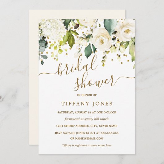 白色フローラ金ゴールド紙吹雪ブライダルシャワー 招待状 (正面/裏面)