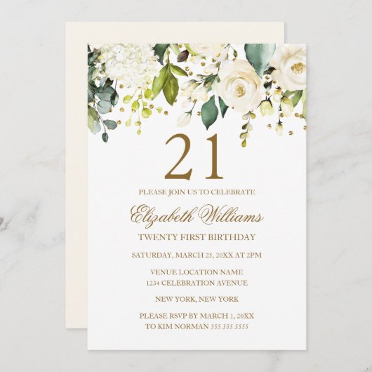 白色フローラ金ゴールド紙吹雪21歳 招待状 (正面/裏面)
