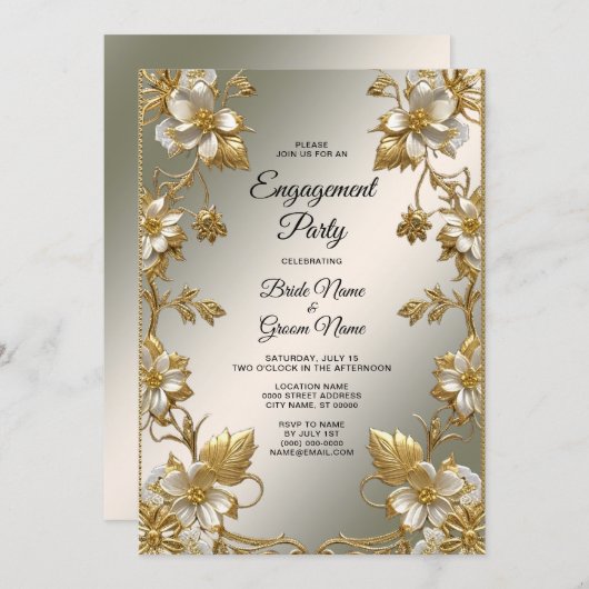 白色フローラ金ゴールド華美婚約 招待状 (正面/裏面)