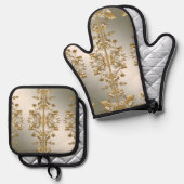 白色フローラ金ゴールド 華美 鍋つかみ&鍋敷きセット (正面/裏面)