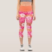 白色ペイズリーの花が熱いピンクのオレンジ色のストライプ花 カプリレギンス (正面)