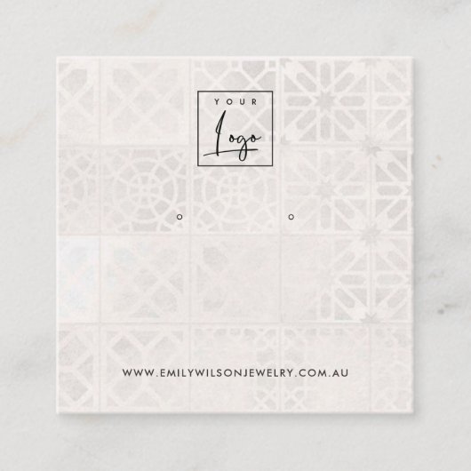 白色モロッコタイルテクスチャスタッドイヤリングディスプレイ スクエア名刺 (正面)