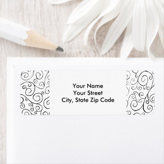 白色彩の鮮やかいラベルの手の黒い曲線パターン ラベル (インサイチュ)