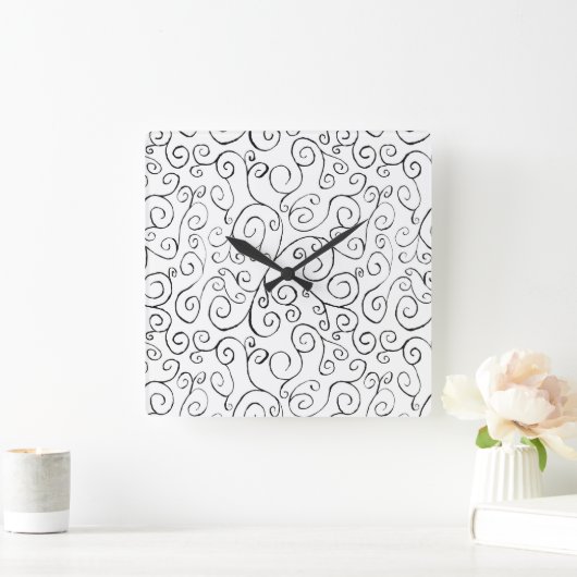 白色彩の鮮やかの手黒曲線パターン スクエア壁時計 (ホーム)