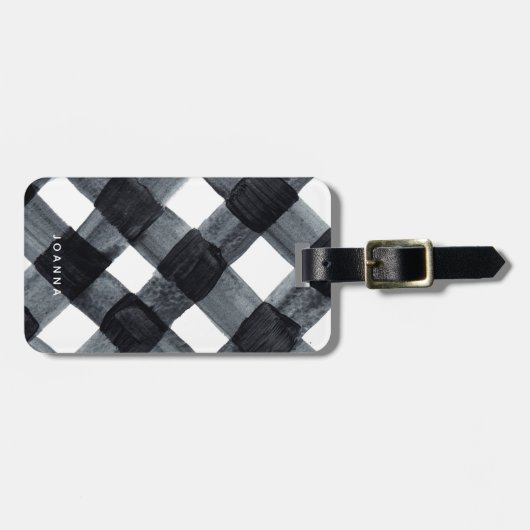 白色彩の鮮やか黒バッファローのプレイドと名前 ラゲッジタグ (正面横)