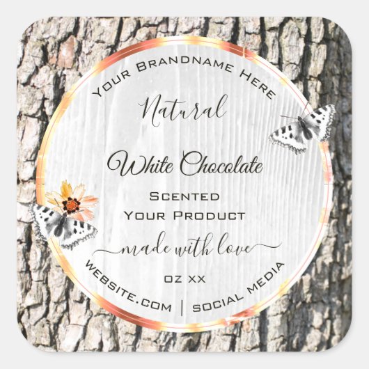 白色木製品ラベルバラ金ゴールド枠蝶 スクエアシール (正面)