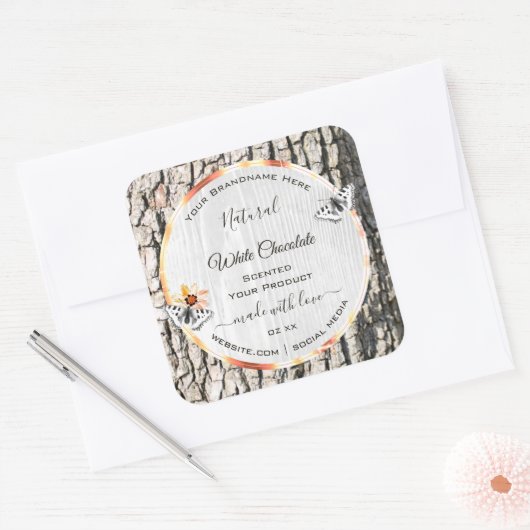 白色木製品ラベルバラ金ゴールド枠蝶 スクエアシール (封筒)