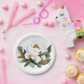 白色牡丹ユーカリ金ゴールド花 ペーパープレート (パーティー)