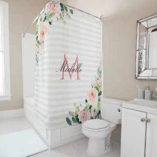 白色赤面ストライプフローラモノグラムシャワーカーテン シャワーカーテン