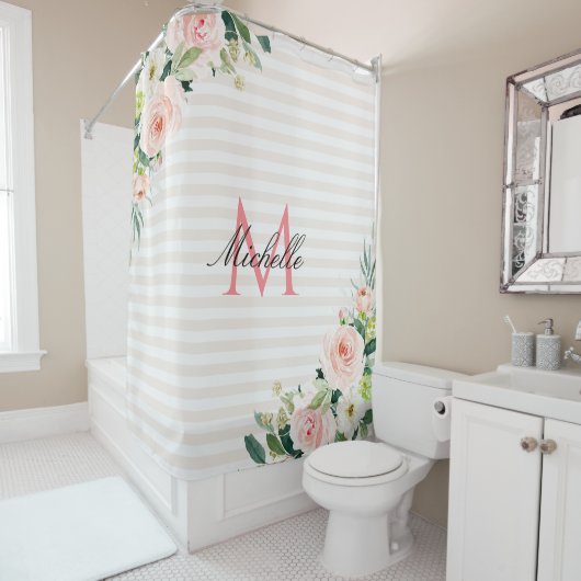 白色赤面ストライプフローラモノグラムシャワーカーテン シャワーカーテン (インサイチュ)