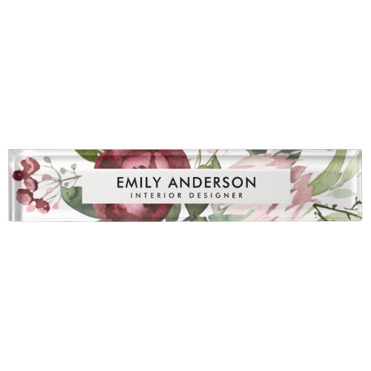 白色赤面ピンクブルゴーニュプロテアフローラ水彩 デスクネームプレート (正面)
