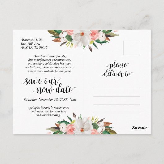 白色赤面花模様、結婚式招待状延期 ポストカード (裏面)