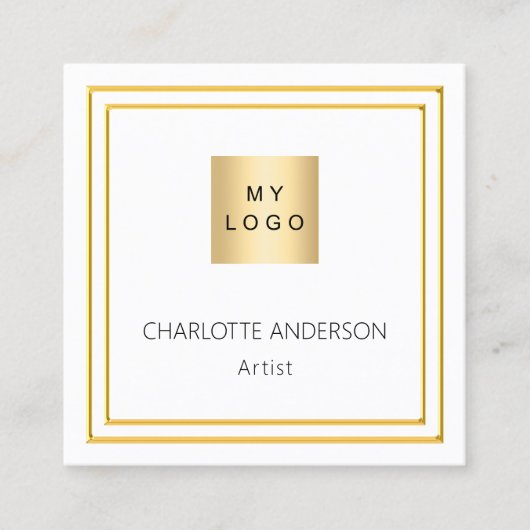 白色金ゴールドエレガント写真ロゴQRコード スクエア名刺 (正面)