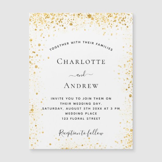 白色金ゴールドグリッター結婚式招待状磁石 (正面)