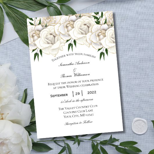 白色金ゴールドバラフローラフォーマル結婚式招待状 招待状