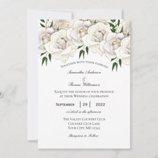 白色金ゴールドバラフローラフォーマル結婚式招待状 招待状 (正面)