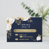 白色金ゴールドフローラネイビーブルーRSVPカード 出欠カード (スタンド正面)
