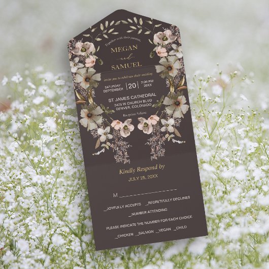 白色金ゴールドフローラリース結婚写真テンプレート オールインワン招待状