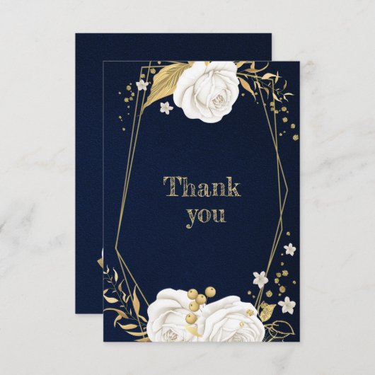 白色金ゴールドフローラ幾何学海軍ブルー サンキューカード (正面/裏面)