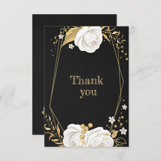 白色金ゴールドフローラ幾何黒サンキューカード サンキューカード (正面/裏面)