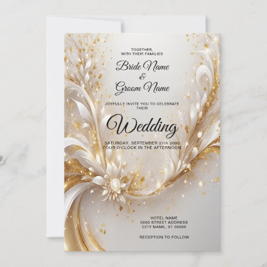 白色金ゴールドフローラ結婚式招待状 招待状 (正面)
