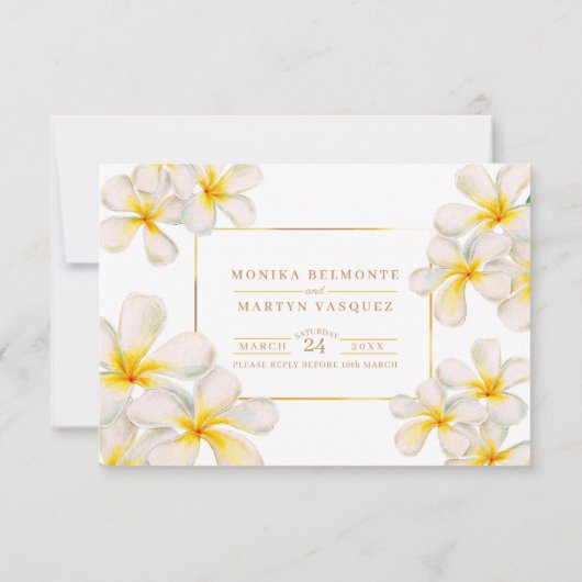 白色金ゴールドフ結婚ランギパニの水色 出欠カード (裏面)