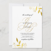 白色金ゴールドモノグラムイニシャルフローラ結婚グラム 招待状 (正面)