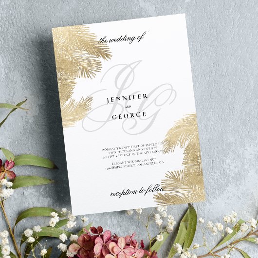 白色金ゴールドモノグラムイニシャル結婚熱帯性 招待状